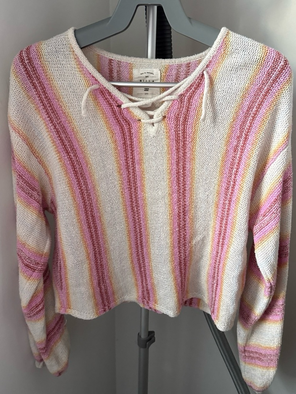 Billabong Pink, Cream & Yellow Striped Lace-Up V-Neck Sweater